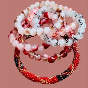 Stacking red tones  set with hand beaded Bali seed bead bracelet focal